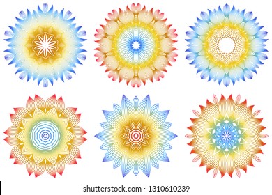 Set of 6 Ornamental Arabic Pattern With Mandala. Vintage Vector For Print Or Web Design. Invitation, Wedding Card, National Design. Rainbow color.