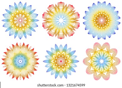 Set of 6 Ornamental Arabic Pattern With Mandala. Vintage Vector For Print Or Web Design. Invitation, Wedding Card, National Design. Rainbow color.
