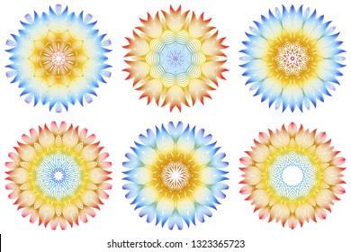 Set of 6 Ornamental Arabic Pattern With Mandala. Vintage Vector For Print Or Web Design. Invitation, Wedding Card, National Design. Rainbow color.