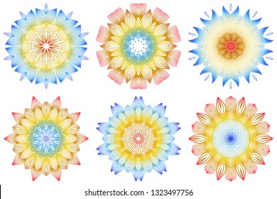 Set of 6 Ornamental Arabic Pattern With Mandala. Vintage Vector For Print Or Web Design. Invitation, Wedding Card, National Design. Rainbow color.