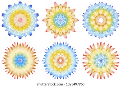 Set of 6 Ornamental Arabic Pattern With Mandala. Vintage Vector For Print Or Web Design. Invitation, Wedding Card, National Design. Rainbow color.