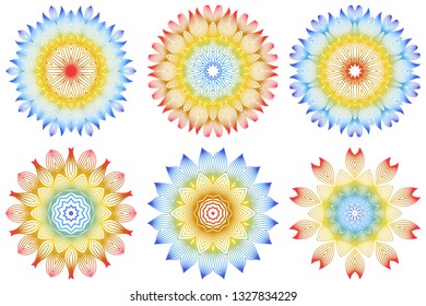 Set of 6 Ornamental Arabic Pattern With Mandala. Vintage Vector For Print Or Web Design. Invitation, Wedding Card, National Design. Rainbow color.