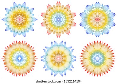 Set of 6 Ornamental Arabic Pattern With Mandala. Vintage Vector For Print Or Web Design. Invitation, Wedding Card, National Design. Rainbow color.