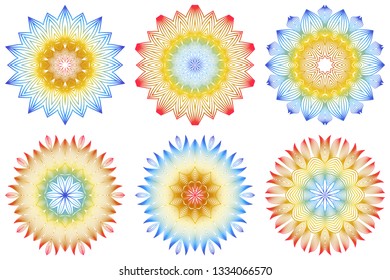 Set of 6 Ornamental Arabic Pattern With Mandala. Vintage Vector For Print Or Web Design. Invitation, Wedding Card, National Design. Rainbow color.