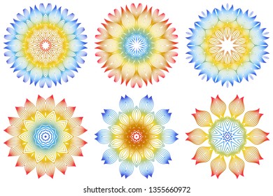 Set of 6 Ornamental Arabic Pattern With Mandala. Vintage Vector For Print Or Web Design. Invitation, Wedding Card, National Design. Rainbow color.