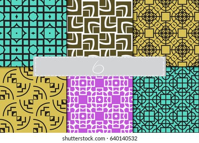 set of 6 Ornamental design. Modern seamless geometry pattern. Vector illustration. For interior design, printing