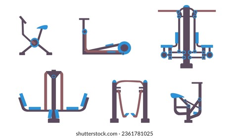 Conjunto de 6 íconos de equipos de ejercicios al aire libre para deportes al aire libre en un estilo de dibujos animados planos.
 Elementos de la infraestructura urbana.