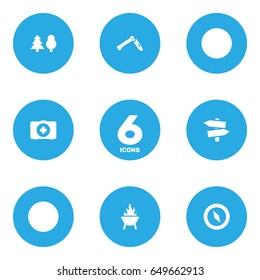 Set Of 6 Outdoor Icons Set.Collection Of Magnet Navigatior, Tree, Signpost And Other Elements.