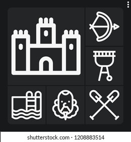 Set of 6 outdoor outline icons such as castle, arch, cervantes, barbecue, swimming pool