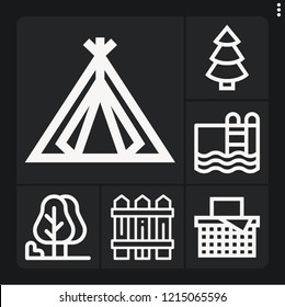 Set of 6 outdoor outline icons such as fences, swimming pool, tent, tree, spruce