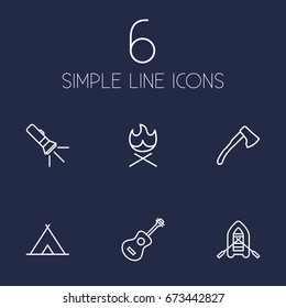 Set Of 6 Outdoor Outline Icons Set.Collection Of Guitar, Rubber Boat, Shelter And Other Elements.