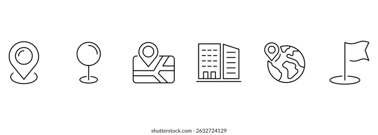 Set of 6 outline icons related to navigation, gps, push, map marker, geolocation, flag, location, route. Location icon set. Map pin line icon set. Vector collection.