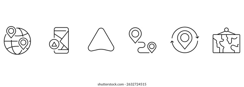 Set of 6 outline icons related to navigation, gps, push, map marker, geolocation, flag, location, route. Location icon set. Map pin line icon set. Vector collection.