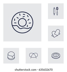 Set Of 6  Outline Icons Set.Collection Of Apple Pie, Donuts, Pudding And Other Elements.