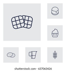 Set Of 6  Outline Icons Set.Collection Of Waffle, Cupcake, Measuring Cup And Other Elements.