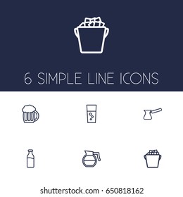 Set Of 6  Outline Icons Set.Collection Of Hotdrink, Fizzy Water, Glass And Other Elements.
