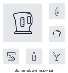 Set Of 6  Outline Icons Set.Collection Of Champagne, Kettle, Cocktail And Other Elements.