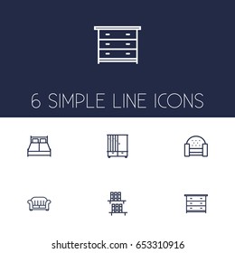 Set Of 6 Set Outline Icons Set.Collection Of Bookshelf, Double Bed, Armchair And Other Elements.