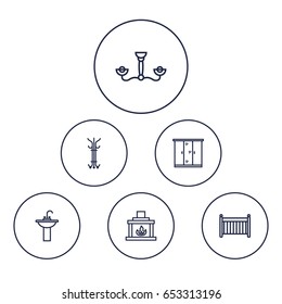 Set Of 6 Set Outline Icons Set.Collection Of Chandelier, Crib , Fireplace Elements.