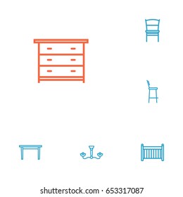 Set Of 6 Set Outline Icons Set.Collection Of Bar Stool, Chair, Drawer Unit And Other Elements.