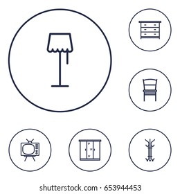 Set Of 6 Set Outline Icons Set.Collection Of Chair, Closet, Drawer Unit And Other Elements.