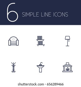 Set Of 6 Set Outline Icons Set.Collection Of Floor Lapm, Bookshelf, Hanger And Other Elements.