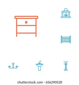 Set Of 6 Set Outline Icons Set.Collection Of Fireplace , Chandelier, Nightstand Elements.
