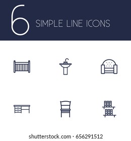 Set Of 6 Set Outline Icons Set.Collection Of Crib, Sofa, Desk And Other Elements.