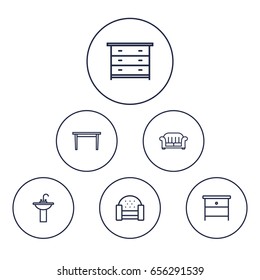 Set Of 6 Set Outline Icons Set.Collection Of Drawer Unit, Nightstand, Washbasin Elements.