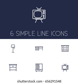 Set Of 6 Set Outline Icons Set.Collection Of Floor Lapm, Hall Tree, Drawer Unit And Other Elements.