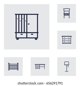Set Of 6 Set Outline Icons Set.Collection Of Hall Tree, Crib, Desk And Other Elements.