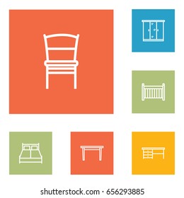 Set Of 6 Set Outline Icons Set.Collection Of Crib, Closet, Table And Other Elements.