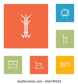 Set Of 6 Set Outline Icons Set.Collection Of Hanger, Nightstand, Tv Set Elements.