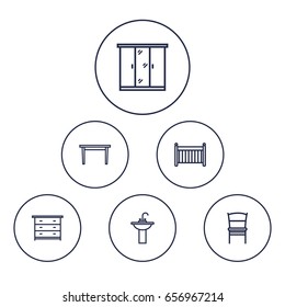 Set Of 6 Set Outline Icons Set.Collection Of Drawer Unit, Chair, Crib And Other Elements.
