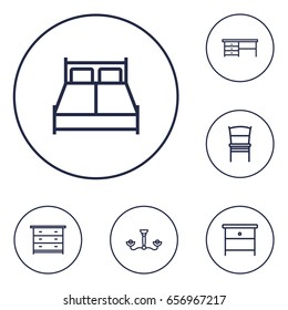 Set Of 6 Set Outline Icons Set.Collection Of Double Bed, Nightstand, Chandelier Elements.