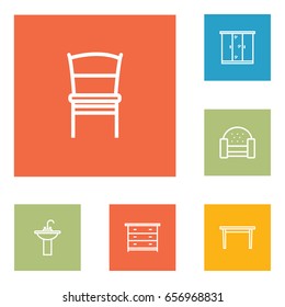 Set Of 6 Set Outline Icons Set.Collection Of Drawer Unit, Sofa, Table And Other Elements.