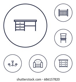 Set Of 6 Set Outline Icons Set.Collection Of Sofa, Desk, Chandelier Elements.
