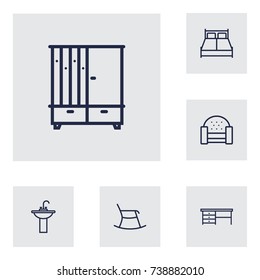 Set Of 6 Set Outline Icons Set.Collection Of Double Bed, Moving Chair, Washbasin And Other Elements.