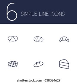 Set Of 6 Oven Outline Icons Set.Collection Of Croissant, Waffle, Bread And Other Elements.