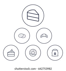 Set Of 6 Oven Outline Icons Set.Collection Of Cheesecake, Croissant, Cookie And Other Elements.