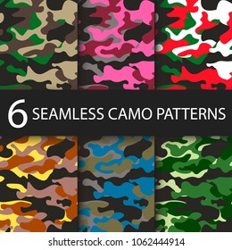 Set of 6 pack Camouflage seamless patterns background with black shadow. Classic clothing style masking camo repeat print. Bright colors of forest texture. Vector illustration web design and clothes.