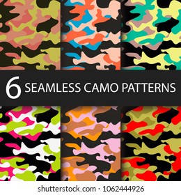 Set of 6 pack Camouflage seamless patterns background with black shadow. Classic clothing style masking camo repeat print. Bright colors of forest texture. Vector illustration web design and clothes.