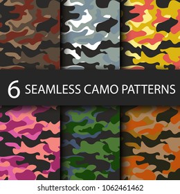 Set of 6 pack Camouflage seamless patterns background with black shadow. Classic clothing style masking camo repeat print. Bright colors of forest texture. Vector illustration web design and clothes.
