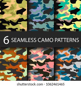 Set of 6 pack Camouflage seamless patterns background with black shadow. Classic clothing style masking camo repeat print. Bright colors of forest texture. Vector illustration web design and clothes.