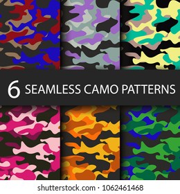 Set of 6 pack Camouflage seamless patterns background with black shadow. Classic clothing style masking camo repeat print. Bright colors of forest texture. Vector illustration web design and clothes.