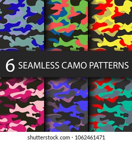 Set of 6 pack Camouflage seamless patterns background with black shadow. Classic clothing style masking camo repeat print. Bright colors of forest texture. Vector illustration web design and clothes.