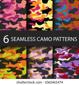 Set of 6 pack Camouflage seamless patterns background with black shadow. Classic clothing style masking camo repeat print. Bright colors of forest texture. Vector illustration web design and clothes.