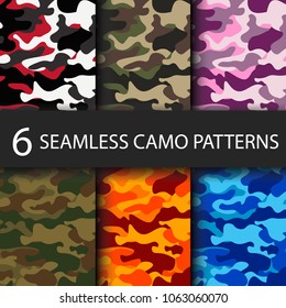 Set of 6 pack Camouflage seamless patterns background with black shadow. Classic clothing style masking camo repeat print. Bright colors of forest texture. Vector illustration web design and clothes.