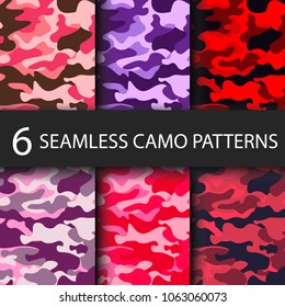 Set of 6 pack Camouflage seamless patterns background with black shadow. Classic clothing style masking camo repeat print. Bright colors of forest texture. Vector illustration web design and clothes.