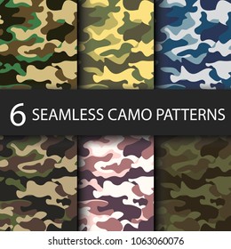 Set of 6 pack Camouflage seamless patterns background with black shadow. Classic clothing style masking camo repeat print. Bright colors of forest texture. Vector illustration web design and clothes.